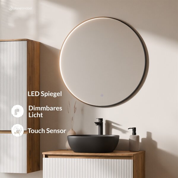 ARISA Badmöbel Set inkl. Hochschrank in Weiß Geriffelt – Mit Veluna LED Spiegel und schwarzem Keramik-Aufsatzwaschbecken 42 cm