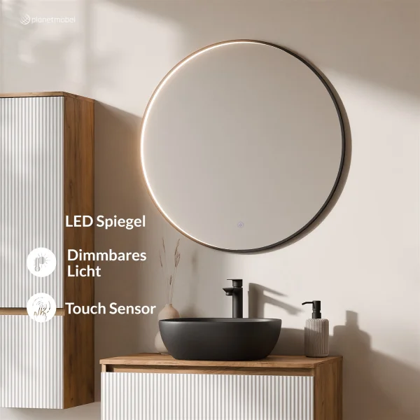 Ensemble de meubles de salle de bains ARISA avec armoire haute en blanc strié – Avec miroir LED Veluna et lavabo à poser en céramique noire de 42 cm