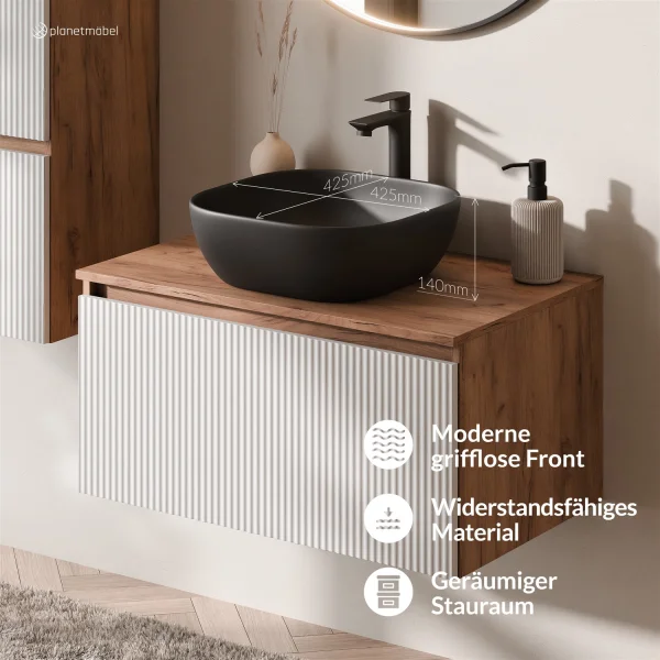 Ensemble de meubles de salle de bains ARISA avec armoire haute en blanc strié – Avec miroir LED Veluna et lavabo à poser en céramique noire de 42 cm