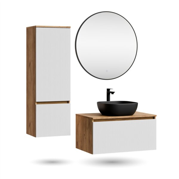 ARISA Badmöbel Set inkl. Hochschrank in Weiß Geriffelt – Mit Veluna LED Spiegel und schwarzem Keramik-Aufsatzwaschbecken 42 cm