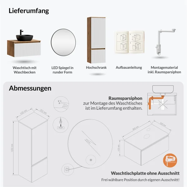 Ensemble de meubles de salle de bains ARISA avec armoire haute en blanc strié – Avec miroir LED Veluna et lavabo à poser en céramique noire de 42 cm