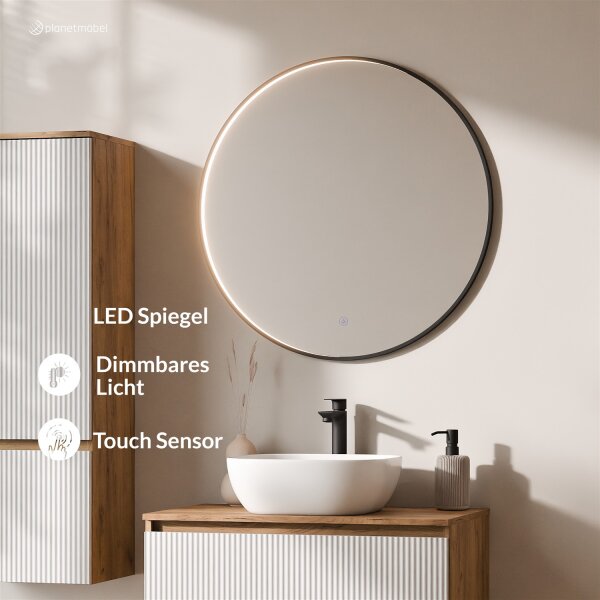 ARISA Badmöbel Set inkl. Hochschrank in Weiß Geriffelt – Mit Veluna LED Spiegel und weißem Keramik-Aufsatzwaschbecken 42 cm