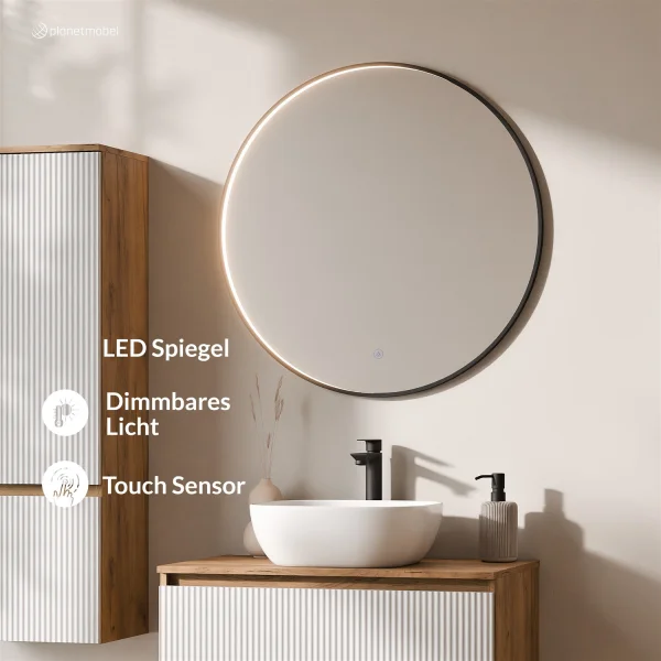 Ensemble de meubles de salle de bains ARISA avec armoire haute en blanc strié – Avec miroir LED Veluna et lavabo à poser en céramique blanche de 42 cm