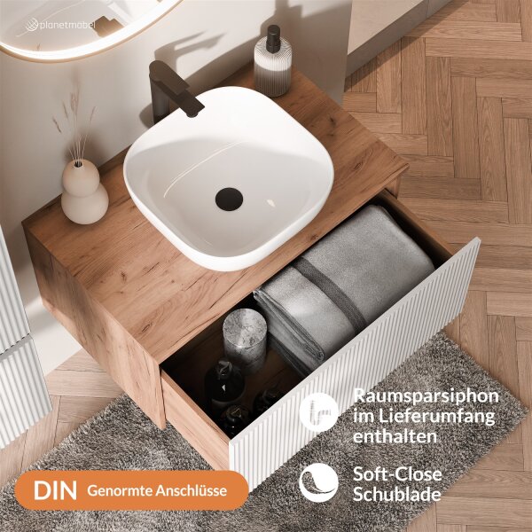 ARISA Badmöbel Set inkl. Hochschrank in Weiß Geriffelt – Mit Veluna LED Spiegel und weißem Keramik-Aufsatzwaschbecken 42 cm