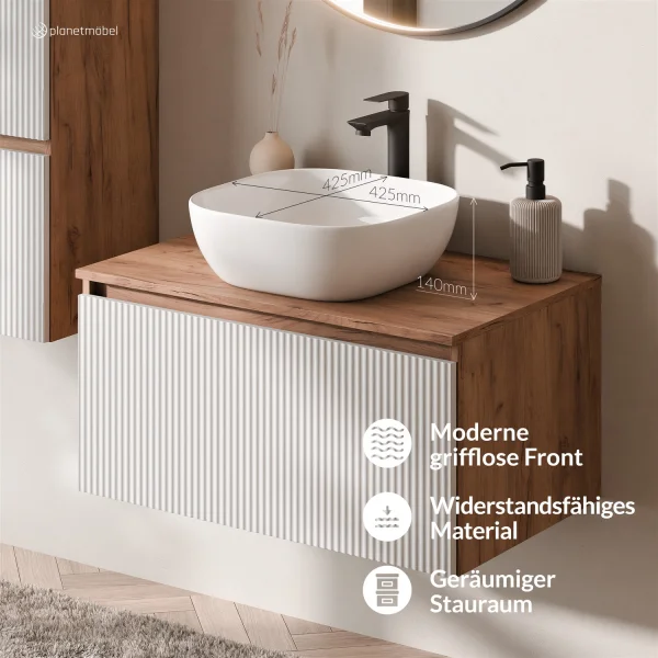Ensemble de meubles de salle de bains ARISA avec armoire haute en blanc strié – Avec miroir LED Veluna et lavabo à poser en céramique blanche de 42 cm