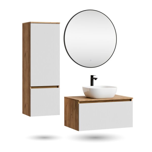 ARISA Badmöbel Set inkl. Hochschrank in Weiß Geriffelt – Mit Veluna LED Spiegel und weißem Keramik-Aufsatzwaschbecken 42 cm