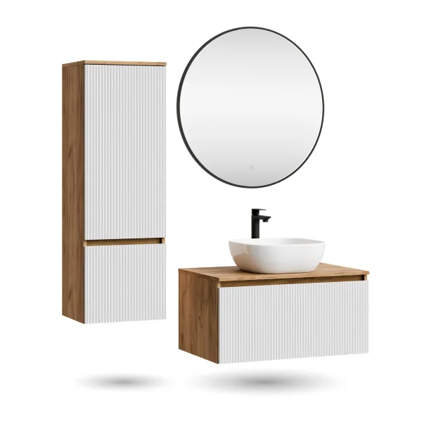 Ensemble de meubles de salle de bains ARISA avec armoire haute en blanc strié – Avec miroir LED Veluna et lavabo à poser en céramique blanche de 42 cm