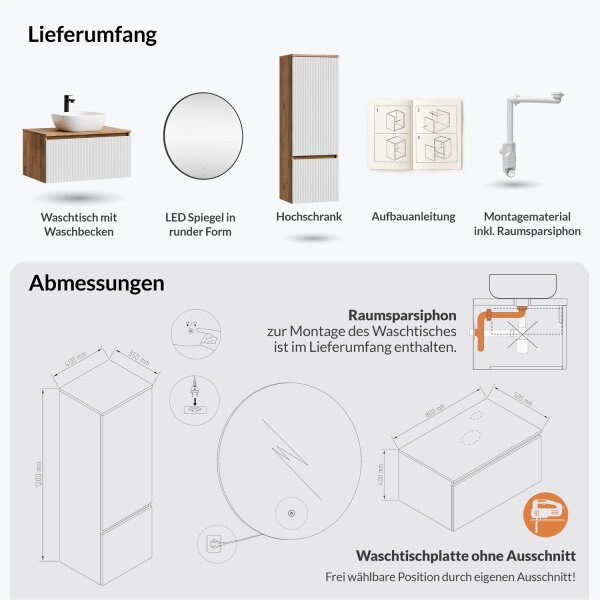 ARISA Badmöbel Set inkl. Hochschrank in Weiß Geriffelt – Mit Veluna LED Spiegel und weißem Keramik-Aufsatzwaschbecken 42 cm