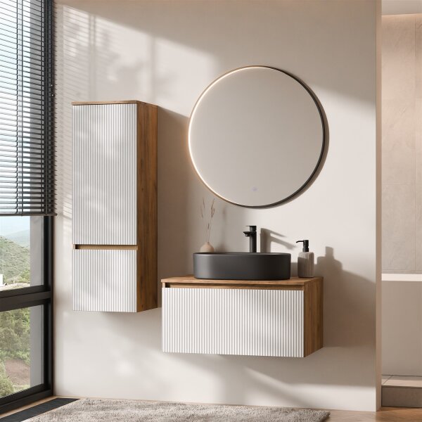 ARISA Badmöbel Set inkl. Hochschrank in Weiß Geriffelt – Mit Veluna LED Spiegel und schwarzem Keramik-Aufsatzwaschbecken 55 cm