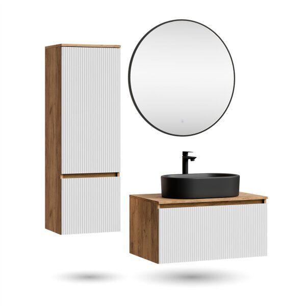 ARISA Badmöbel Set inkl. Hochschrank in Weiß Geriffelt – Mit Veluna LED Spiegel und schwarzem Keramik-Aufsatzwaschbecken 55 cm