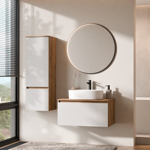 ARISA Badmöbel Set inkl. Hochschrank in Weiß Geriffelt – Mit Veluna LED Spiegel und weißem Keramik-Aufsatzwaschbecken 60 cm