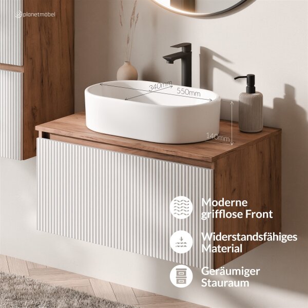 ARISA Badmöbel Set inkl. Hochschrank in Weiß Geriffelt – Mit Veluna LED Spiegel und weißem Keramik-Aufsatzwaschbecken 60 cm