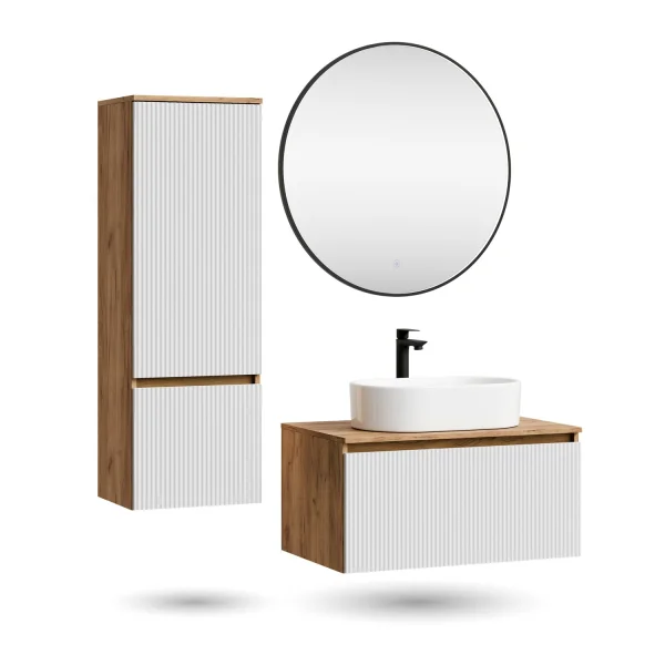 Ensemble de meubles de salle de bains ARISA avec armoire haute en blanc strié – Avec miroir LED Veluna et lavabo à poser en céramique blanche de 60 cm