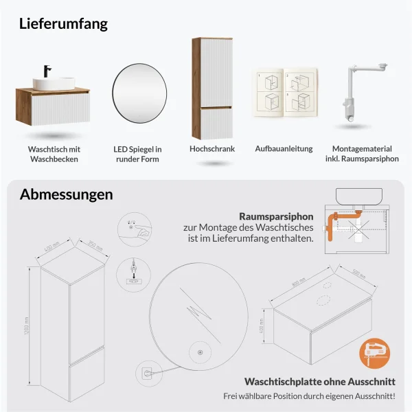 Ensemble de meubles de salle de bains ARISA avec armoire haute en blanc strié – Avec miroir LED Veluna et lavabo à poser en céramique blanche de 60 cm