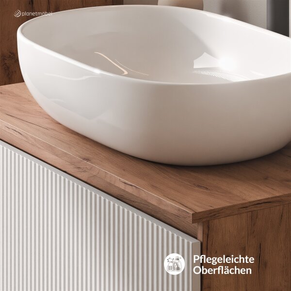 ARISA Badmöbel Set inkl. Hochschrank in Weiß Geriffelt – Mit Veluna LED Spiegel und weißem Keramik-Aufsatzwaschbecken 60 cm