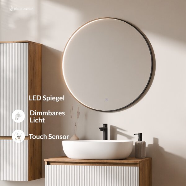 ARISA Badmöbel Set inkl. Hochschrank in Weiß Geriffelt – Mit Veluna LED Spiegel und weißem Keramik-Aufsatzwaschbecken 60 cm