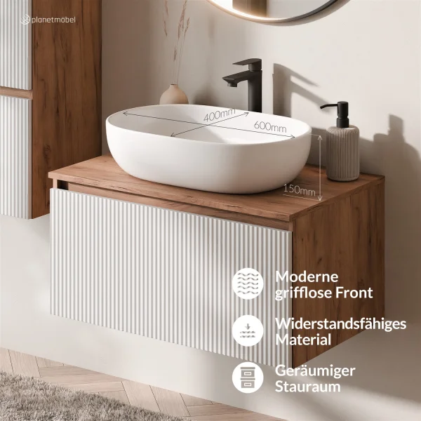 Ensemble de meubles de salle de bains ARISA avec armoire haute en blanc strié – Avec miroir LED Veluna et lavabo à poser en céramique blanche de 60 cm