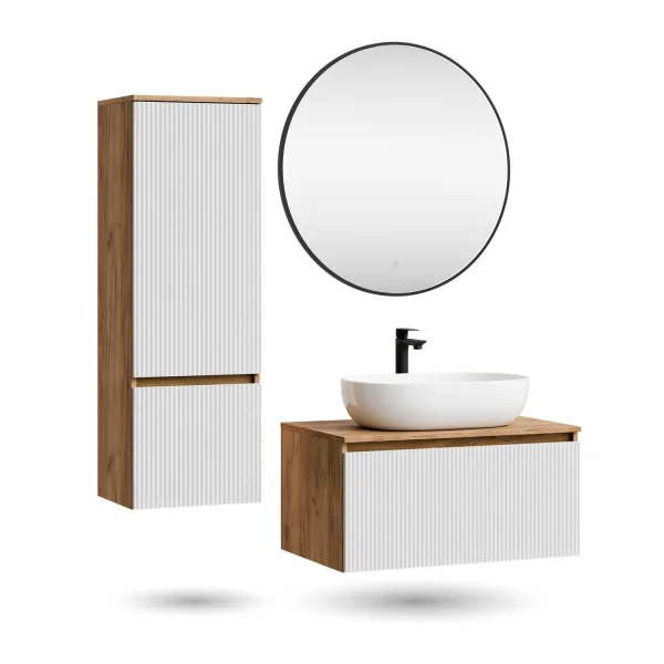 Ensemble de meubles de salle de bains ARISA avec armoire haute en blanc strié – Avec miroir LED Veluna et lavabo à poser en céramique blanche de 60 cm