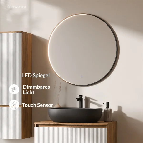 Ensemble de meubles de salle de bains ARISA avec armoire haute en blanc strié – Avec miroir LED Veluna et lavabo à poser en céramique blanche de 60 cm