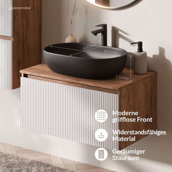 ARISA Badmöbel Set inkl. Hochschrank in Weiß Geriffelt – Mit Veluna LED Spiegel und weißem Keramik-Aufsatzwaschbecken 60 cm