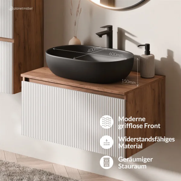 Ensemble de meubles de salle de bains ARISA avec armoire haute en blanc strié – Avec miroir LED Veluna et lavabo à poser en céramique blanche de 60 cm
