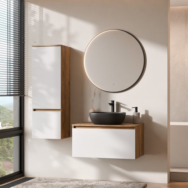 ARISA Badmöbel Set inkl. Hochschrank in Weiß – Mit Veluna LED Spiegel und schwarzem Keramik-Aufsatzwaschbecken 42 cm
