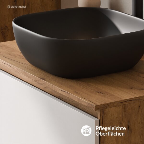 ARISA Badmöbel Set inkl. Hochschrank in Weiß – Mit Veluna LED Spiegel und schwarzem Keramik-Aufsatzwaschbecken 42 cm