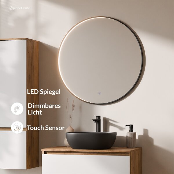 ARISA Badmöbel Set inkl. Hochschrank in Weiß – Mit Veluna LED Spiegel und schwarzem Keramik-Aufsatzwaschbecken 42 cm