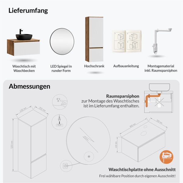 ARISA Badmöbel Set inkl. Hochschrank in Weiß – Mit Veluna LED Spiegel und schwarzem Keramik-Aufsatzwaschbecken 42 cm
