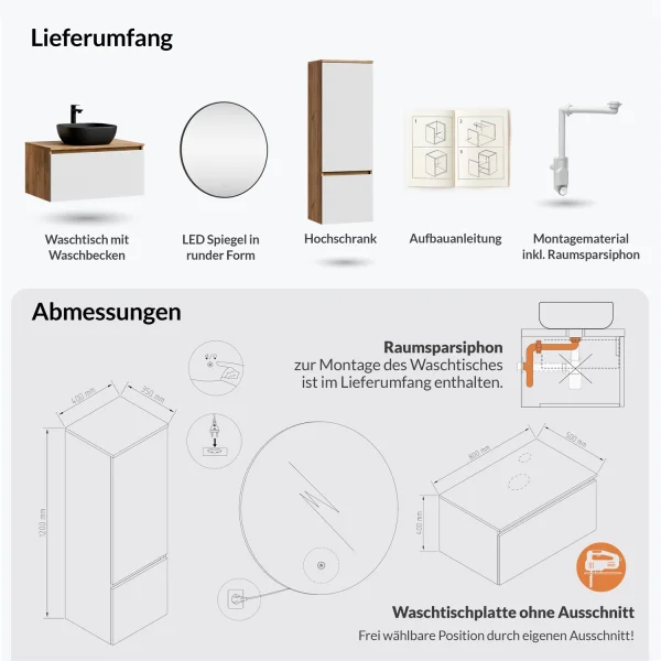 Ensemble de meubles de salle de bains ARISA avec armoire haute blanche – Avec miroir LED Veluna et lavabo à poser en céramique noire de 42 cm