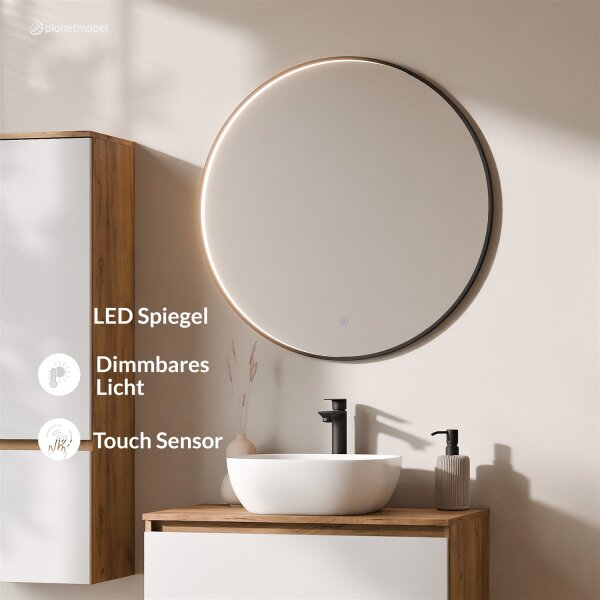 ARISA Badmöbel Set inkl. Hochschrank in Weiß – Mit Veluna LED Spiegel und weißem Keramik-Aufsatzwaschbecken 42 cm