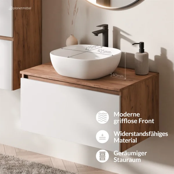 Ensemble de meubles de salle de bains ARISA avec armoire haute blanche – Avec miroir LED Veluna et lavabo à poser en céramique blanche de 42 cm