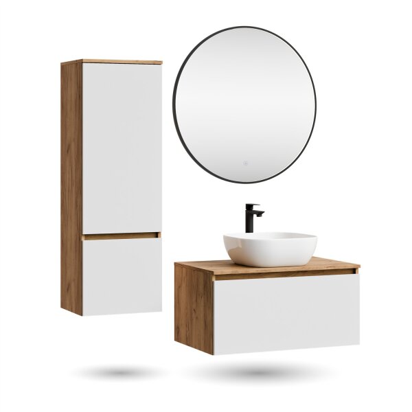 ARISA Badmöbel Set inkl. Hochschrank in Weiß – Mit Veluna LED Spiegel und weißem Keramik-Aufsatzwaschbecken 42 cm