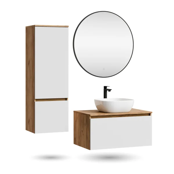 Ensemble de meubles de salle de bains ARISA avec armoire haute blanche – Avec miroir LED Veluna et lavabo à poser en céramique blanche de 42 cm