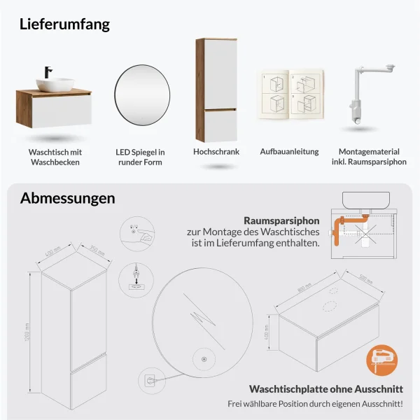 Ensemble de meubles de salle de bains ARISA avec armoire haute blanche – Avec miroir LED Veluna et lavabo à poser en céramique blanche de 42 cm