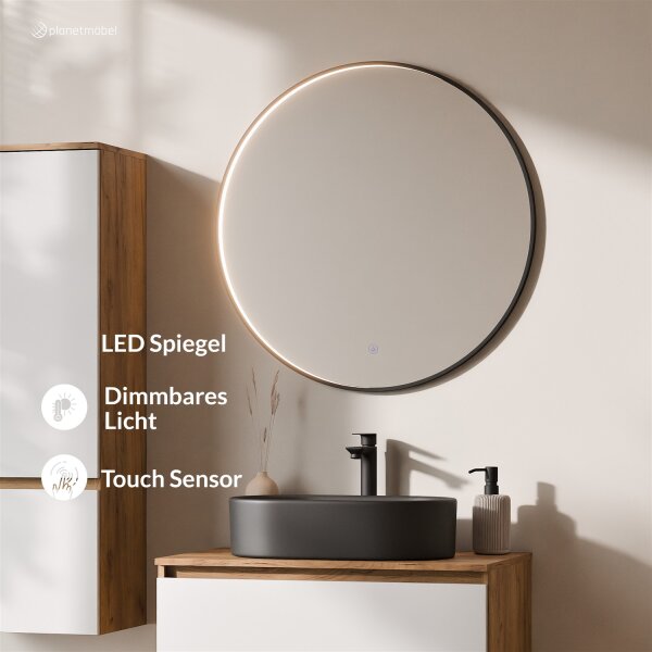 ARISA Badmöbel Set inkl. Hochschrank in Weiß – Mit Veluna LED Spiegel und schwarzem Keramik-Aufsatzwaschbecken 55 cm