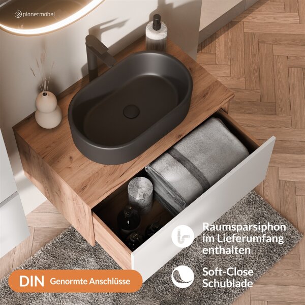 ARISA Badmöbel Set inkl. Hochschrank in Weiß – Mit Veluna LED Spiegel und schwarzem Keramik-Aufsatzwaschbecken 55 cm