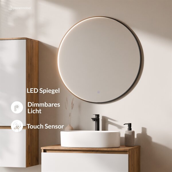 ARISA Badmöbel Set inkl. Hochschrank in Weiß – Mit Veluna LED Spiegel und weißem Keramik-Aufsatzwaschbecken 55 cm