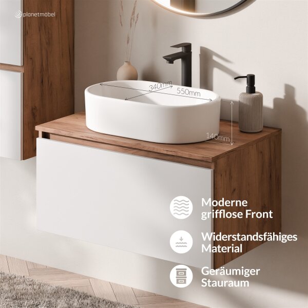 ARISA Badmöbel Set inkl. Hochschrank in Weiß – Mit Veluna LED Spiegel und weißem Keramik-Aufsatzwaschbecken 55 cm