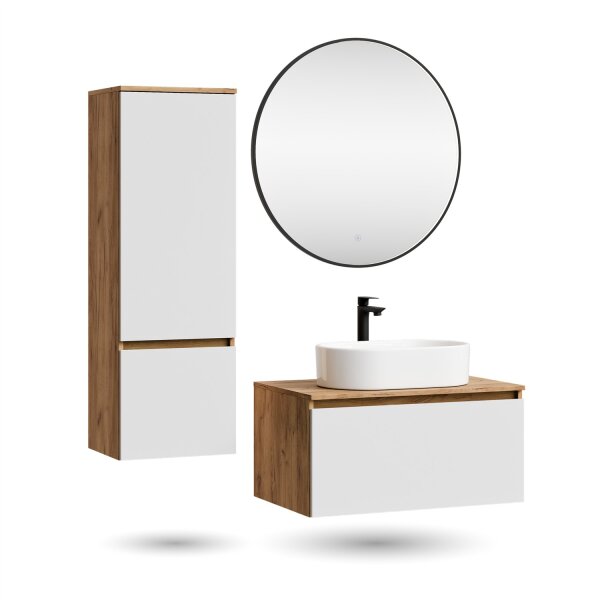 ARISA Badmöbel Set inkl. Hochschrank in Weiß – Mit Veluna LED Spiegel und weißem Keramik-Aufsatzwaschbecken 55 cm