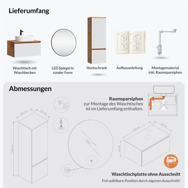 ARISA Badmöbel Set inkl. Hochschrank in Weiß – Mit Veluna LED Spiegel und weißem Keramik-Aufsatzwaschbecken 55 cm