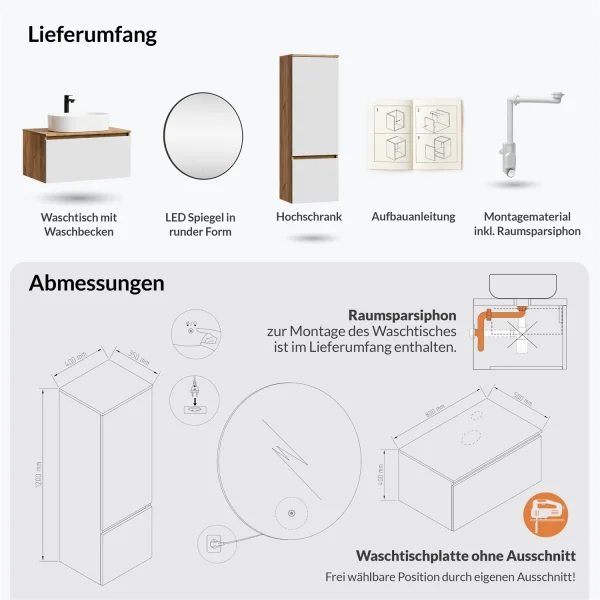 Ensemble de meubles de salle de bains ARISA avec armoire haute blanche – Avec miroir LED Veluna et lavabo à poser en céramique blanche de 55 cm
