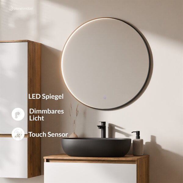 ARISA Badmöbel Set inkl. Hochschrank in Weiß – Mit Veluna LED Spiegel und schwarzem Keramik-Aufsatzwaschbecken 60 cm