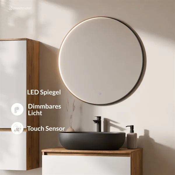 Ensemble de meubles de salle de bains ARISA avec armoire haute blanche – Avec miroir LED Veluna et lavabo à poser en céramique noire de 60 cm