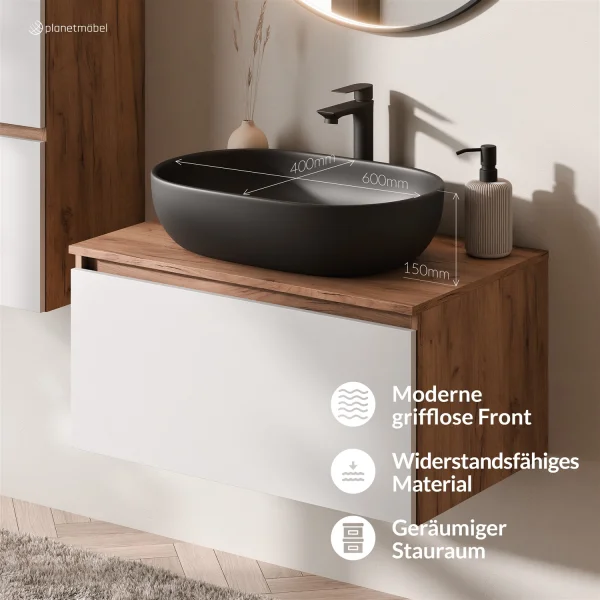 Ensemble de meubles de salle de bains ARISA avec armoire haute blanche – Avec miroir LED Veluna et lavabo à poser en céramique noire de 60 cm