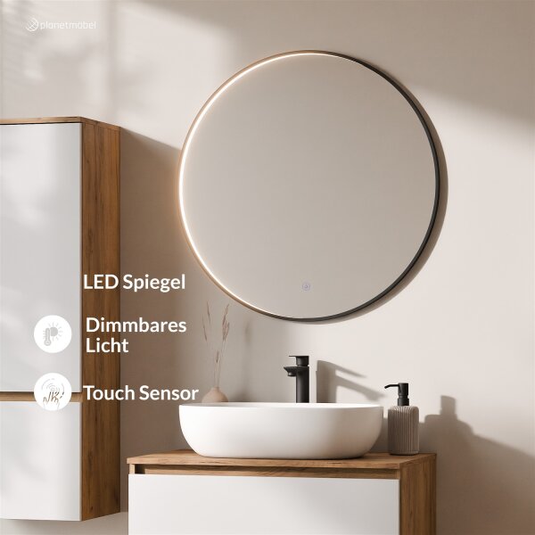 ARISA Badmöbel Set inkl. Hochschrank in Weiß – Mit Veluna LED Spiegel und weißem Keramik-Aufsatzwaschbecken 60 cm