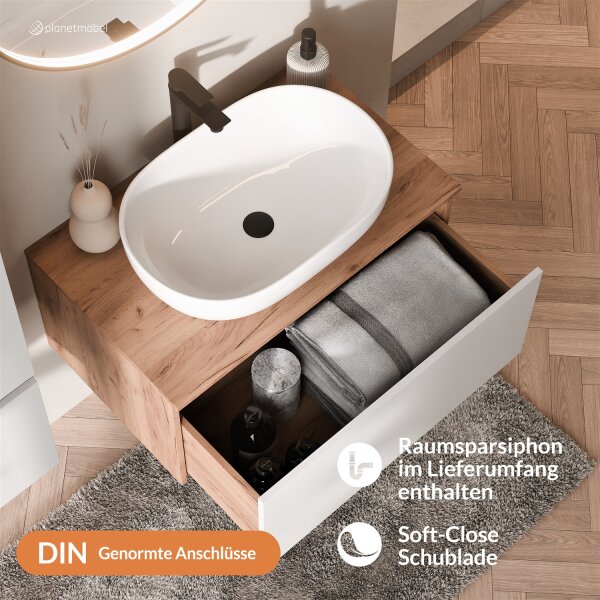 ARISA Badmöbel Set inkl. Hochschrank in Weiß – Mit Veluna LED Spiegel und weißem Keramik-Aufsatzwaschbecken 60 cm