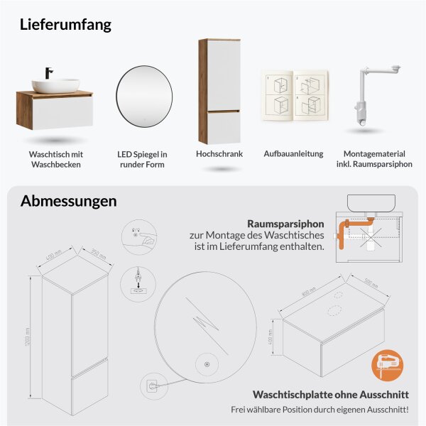 ARISA Badmöbel Set inkl. Hochschrank in Weiß – Mit Veluna LED Spiegel und weißem Keramik-Aufsatzwaschbecken 60 cm