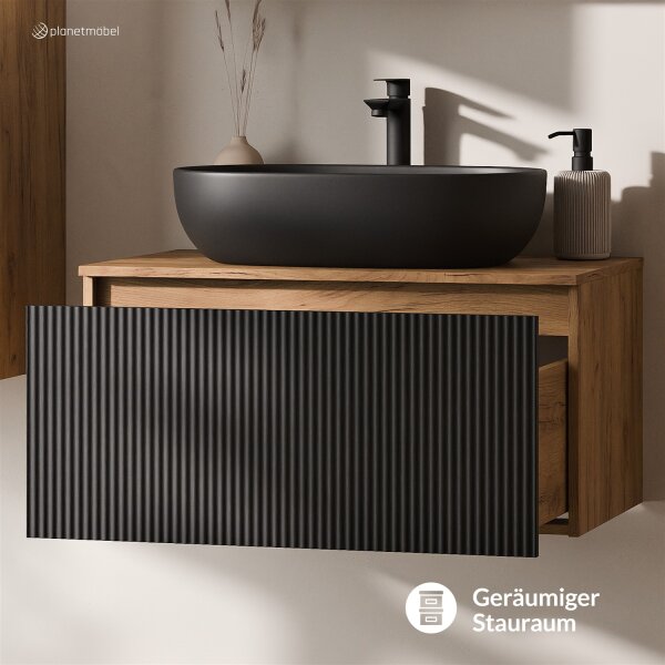 ARISA Waschtisch 80 cm Schwarz Geriffelt mit Keramik-Aufsatzwaschbecken 60 cm in Schwarz