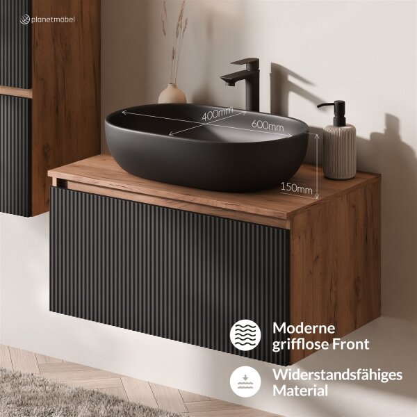 ARISA Waschtisch 80 cm Schwarz Geriffelt mit Keramik-Aufsatzwaschbecken 60 cm in Schwarz